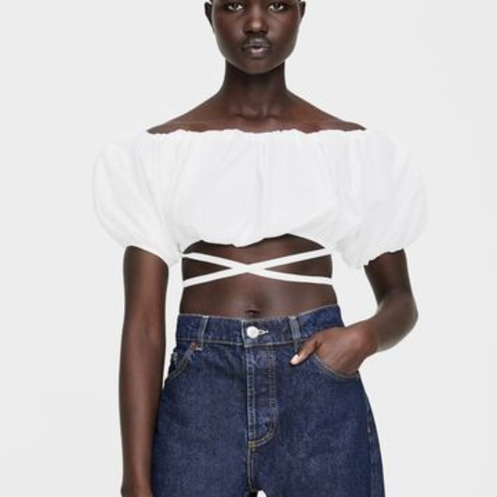 NWT Zara Puffy Sleeve and Tie Crop Top